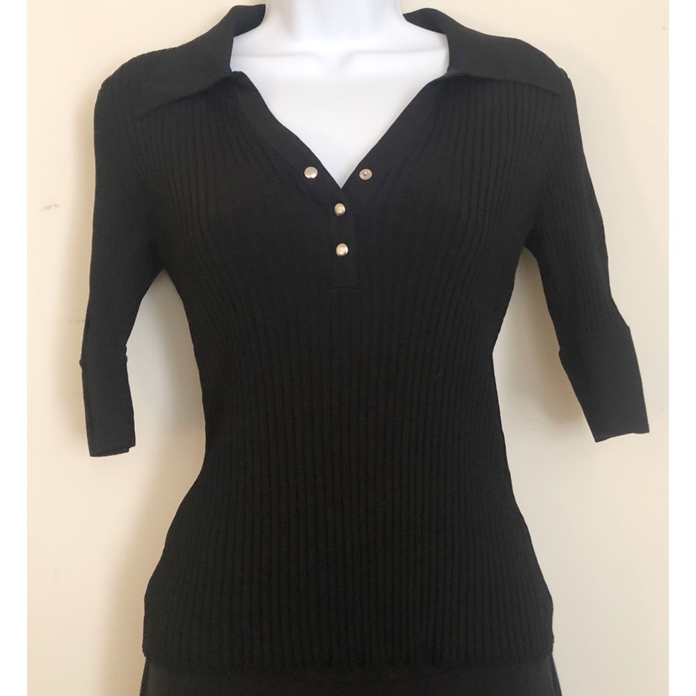 [Cache] black ribbed collared top